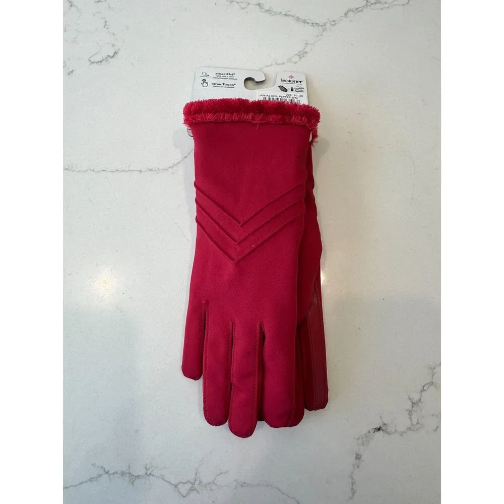 NWT Isotoner Lined Water Repellent Chevron Gloves Chili Pepper Red Size S / M